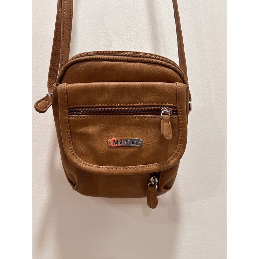 MultiSac Womens Cognac Brown Vegan Leather Crossbody Bag Organizer Travel Purse